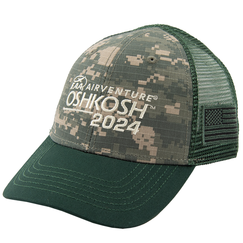 EAA AirVenture Oshkosh 2024 Hat, Digital Camo & Green Mesh