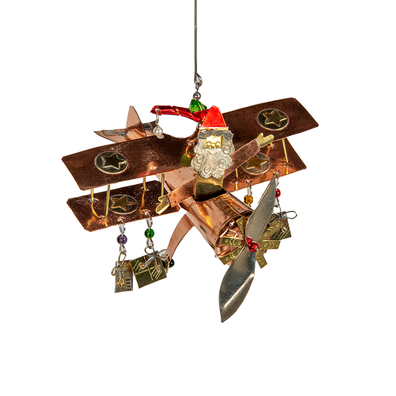 Handmade Santa Biplane Metal Ornament