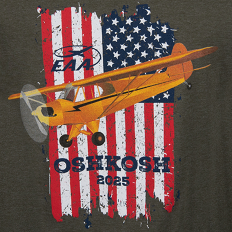 EAA AirVenture Oshkosh 2025 Vintage Cub and Flag T-shirt