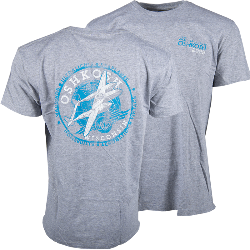 EAA AirVenture Oshkosh 2025 Aviation Globe T-Shirt, Grey