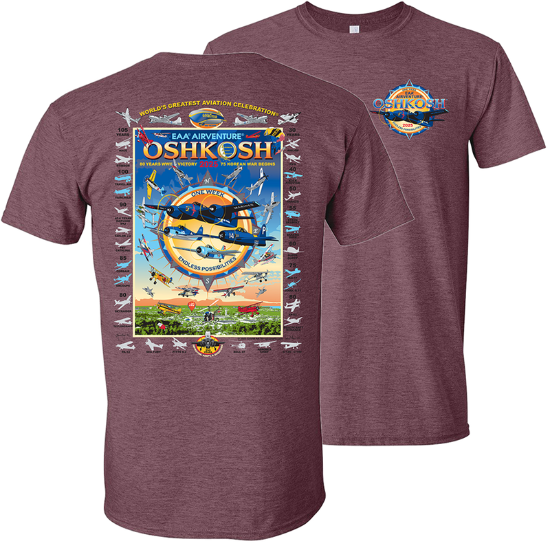 EAA AirVenture Oshkosh 2025 Event T-Shirt, Maroon