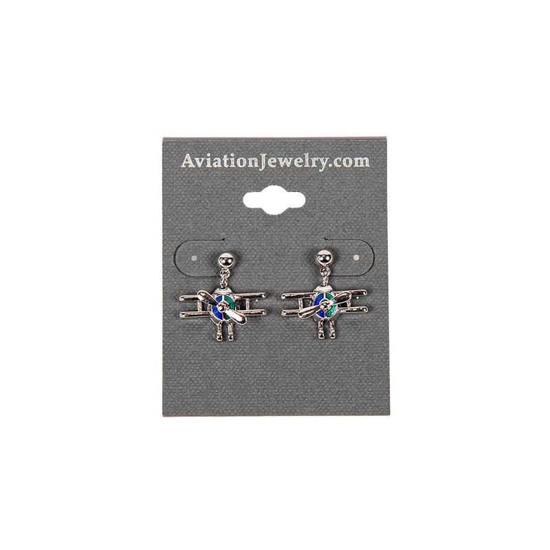 Blue and Green Biplane Silver Earrings