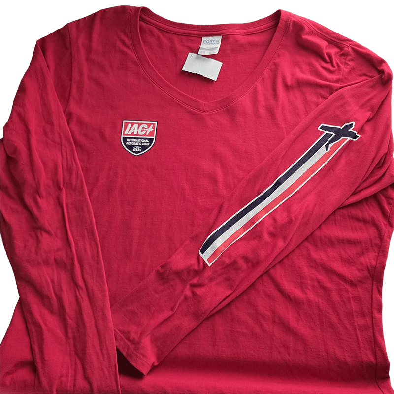 Tshirt Womens Red LS IAC Logo with stripe