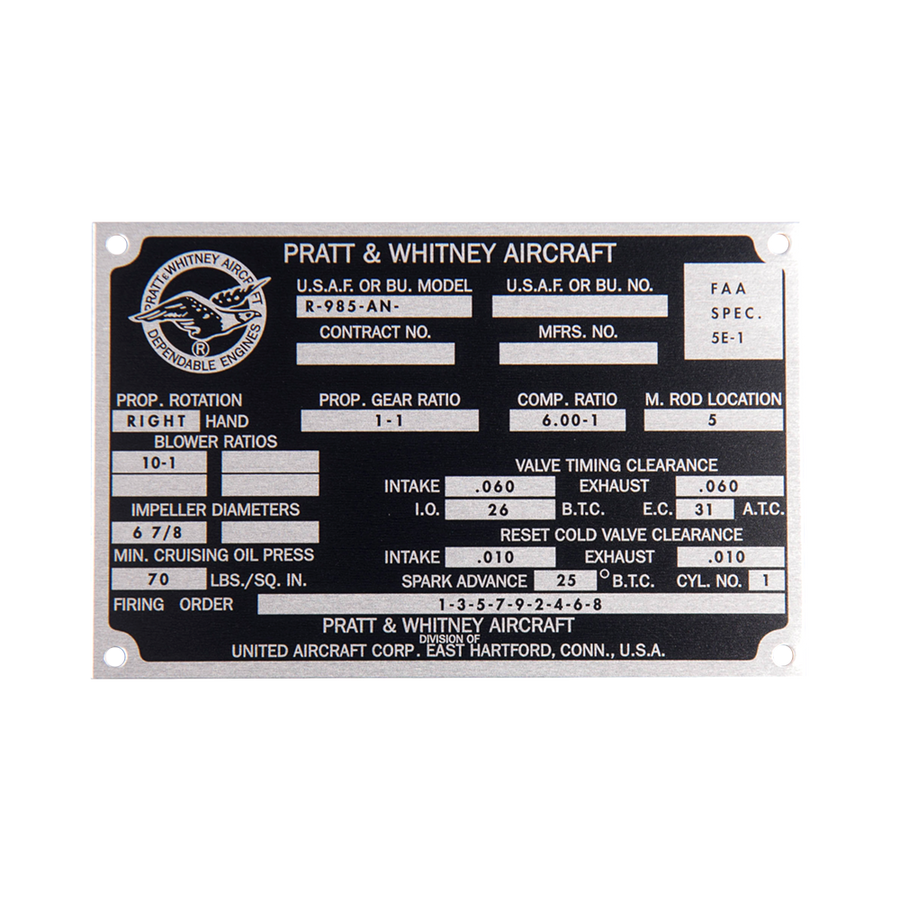 Pratt & Whitney R-985-AN Data Plate – Shop EAA Merchandise