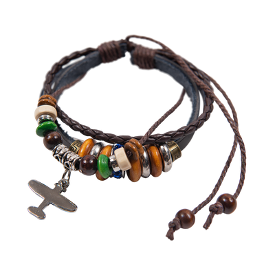 Adjustable Brown Leather Bracelet with Airplane Charm