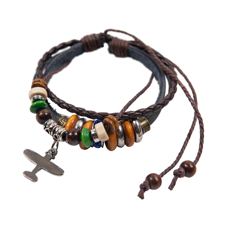 Adjustable Brown Leather Bracelet with Airplane Charm