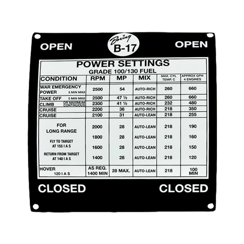 Boeing B-17 Power Settings Placard/Chart