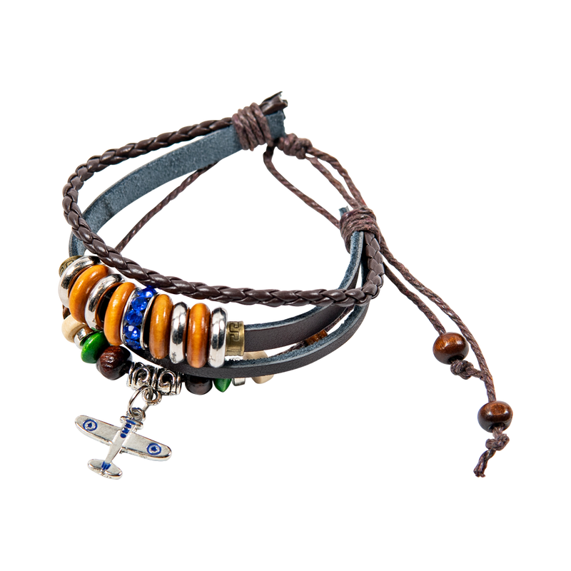 Adjustable Brown Leather Bracelet with Airplane Charm